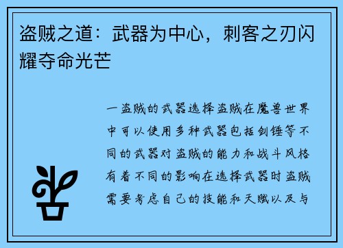 盗贼之道：武器为中心，刺客之刃闪耀夺命光芒